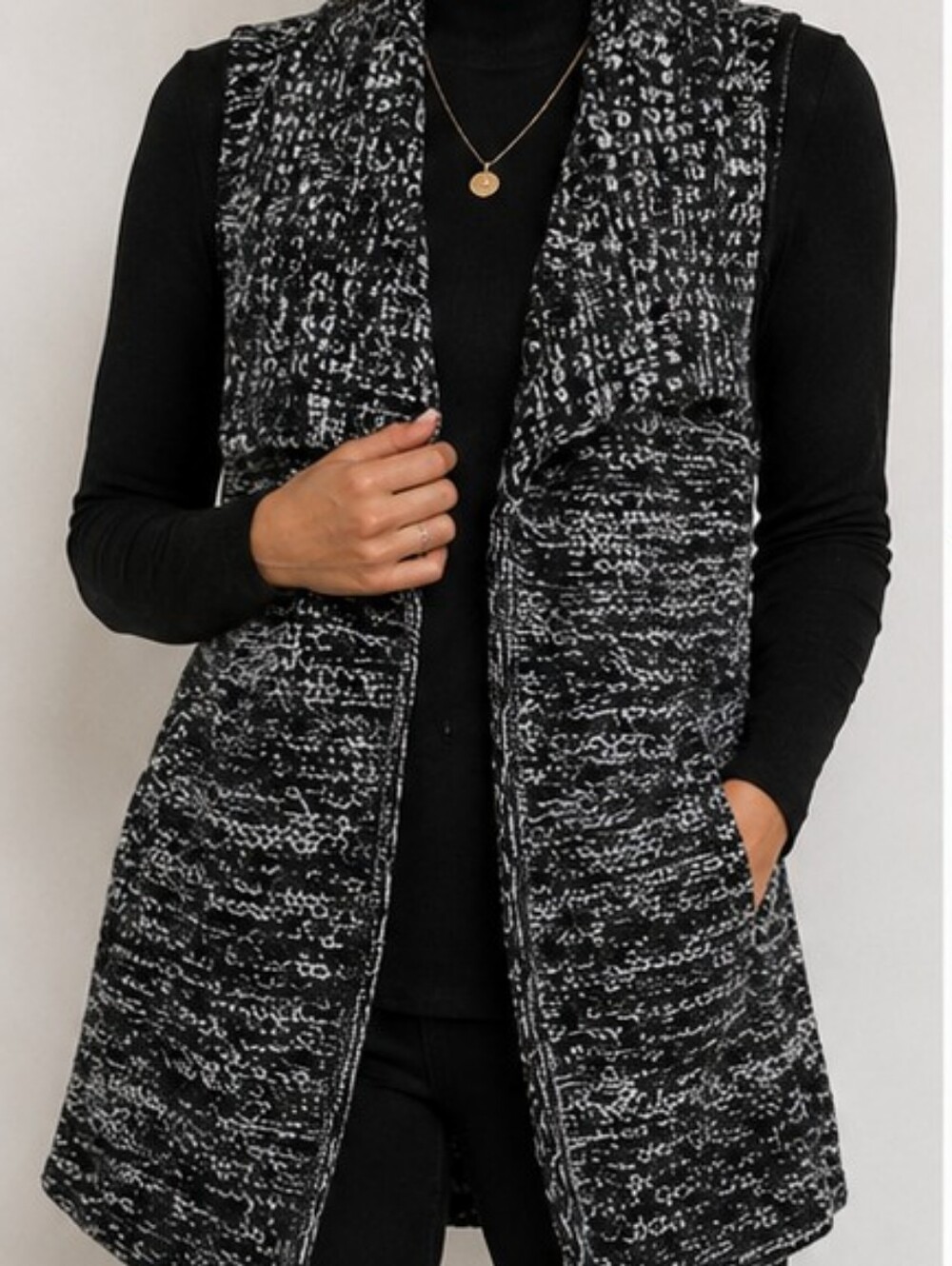 Cable & Gauge Womens Sleeveless Open Front Cardigan Vest Size‎ M Black & White